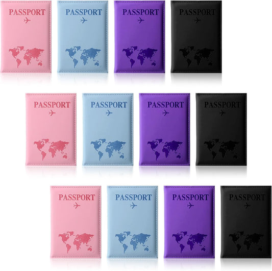 12 Pcs Passport Holder for Travel Cruise Essentials, Passport Cover Wallet Case Set for Women Men Family, Passports Book Holders Vacation Accessories Must Haves(Pink, Black, Light Blue, Purple)