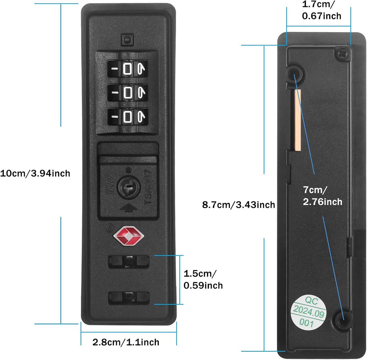 2 PCS TSA Certified Embedded T-S-A 007 Zipper Luggage Locks, Suitable for PC, ABS, PP Rigid Zipper Luggage Case Password Lock Replacement, with 2PCS Spare T-S-A 007 Key