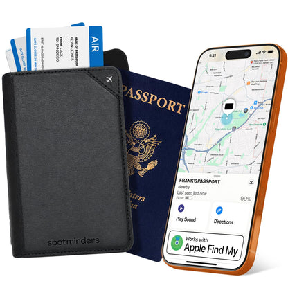 Apple MFi Certified Trackable Passport Holder for Travel (iOS Only) Works with Apple Find My, Rechargeable Passport Cover Air 3-Year Battery Life, Brown RFID Blocking Travel Wallet Gift