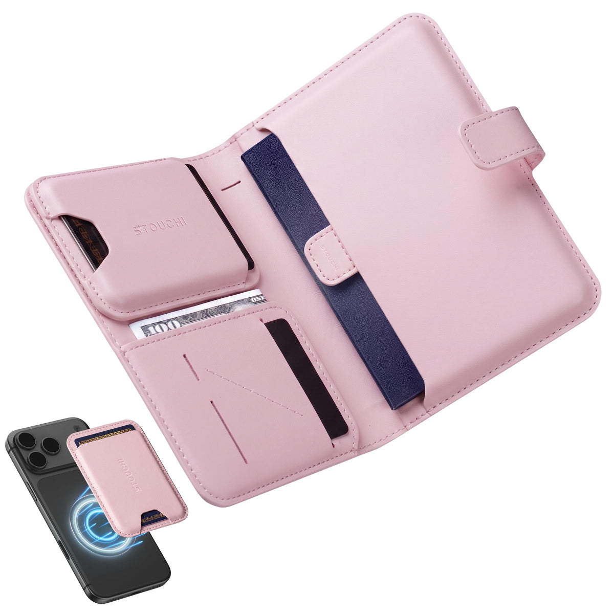 Stouchi AirTag Passport Holder with Pull Strap, RFID Blocking Magnetic Case