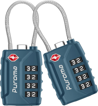 Puroma 2 TSA Approved Luggage Locks 4 Digit Code Cable Lock Blue Peacock