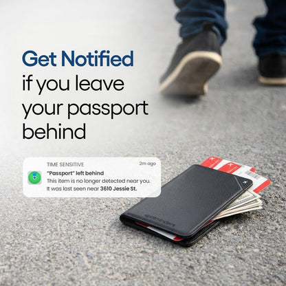Apple MFi Certified Trackable Passport Holder for Travel (iOS Only) Works with Apple Find My, Rechargeable Passport Cover Air 3-Year Battery Life, Black RFID Blocking Travel Wallet Gift