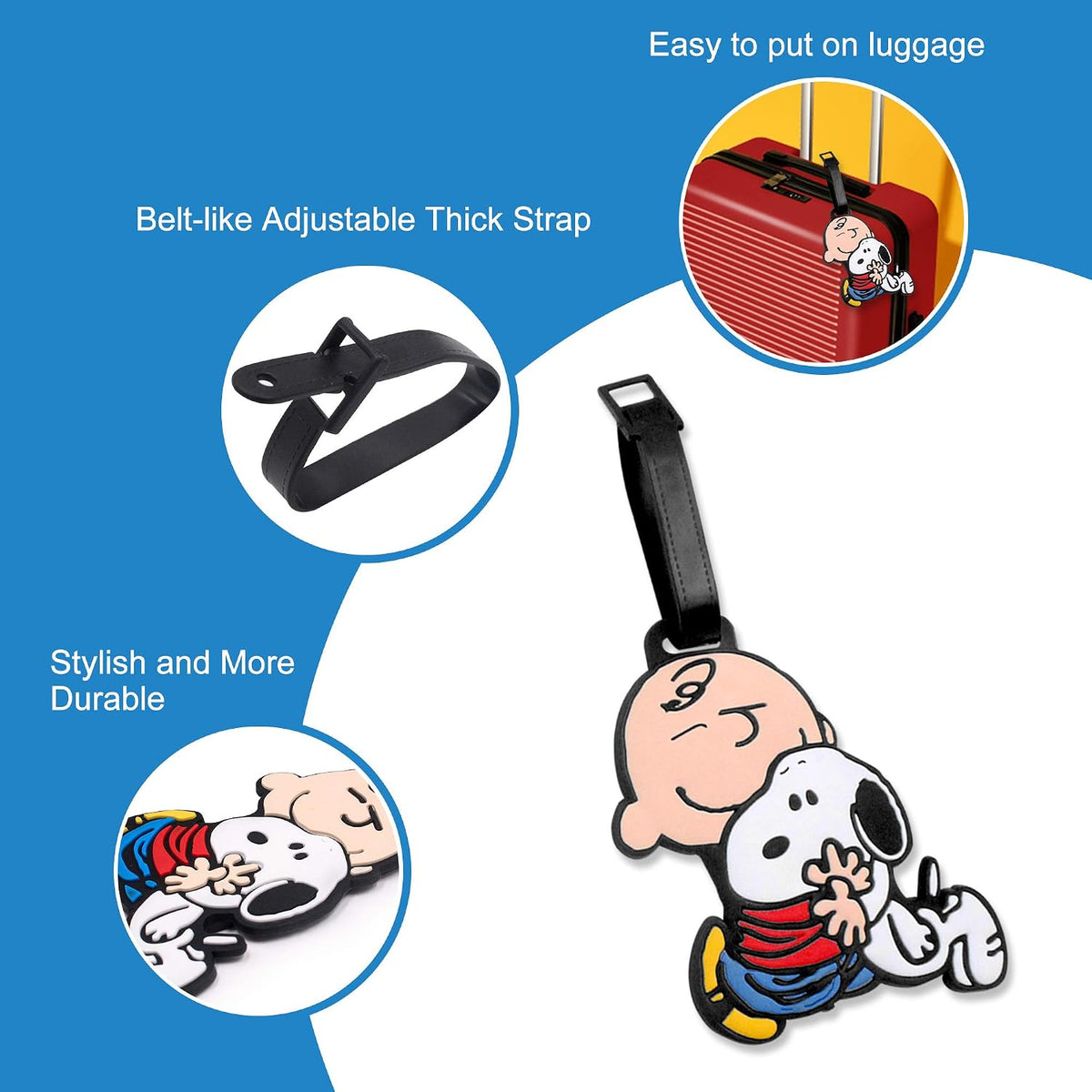 4 Pcs Set White Dog Charlie Brown Silicone Travel Luggage Baggage Identification Labels ID Tag for Bag Suitcase Plane Cruise Ships with Belt Strap