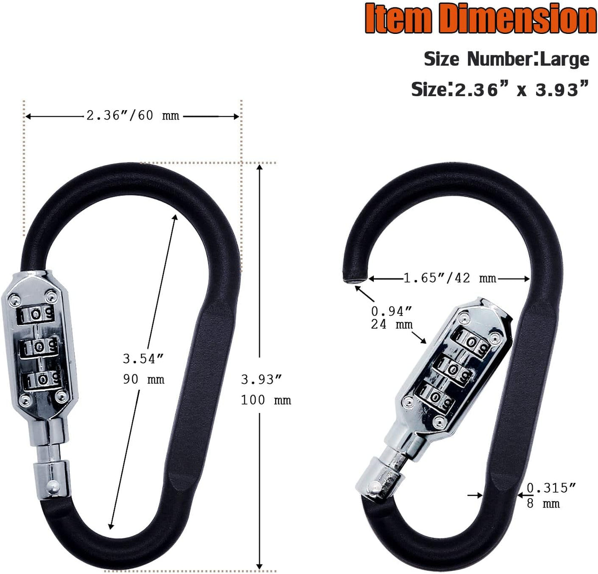 Combination Carabiner Clips,V-Resourcing Resettable 3 Dial Digit Combination Lock Carabiner Keychain,for Suitcase Luggage Travel Baggage Backpack (D Shaped, Large Size, Black, 2 Pack)