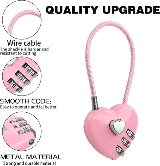 YAODHAOD 2 Pack Combination Lock, 3 Digit Heart Shaped Padlock for School Gym Locker, TSA Approved Cable Luggage Lock, Lock forLocker, Luggage,Fence,Backpack,Valentine Gift (Pink)