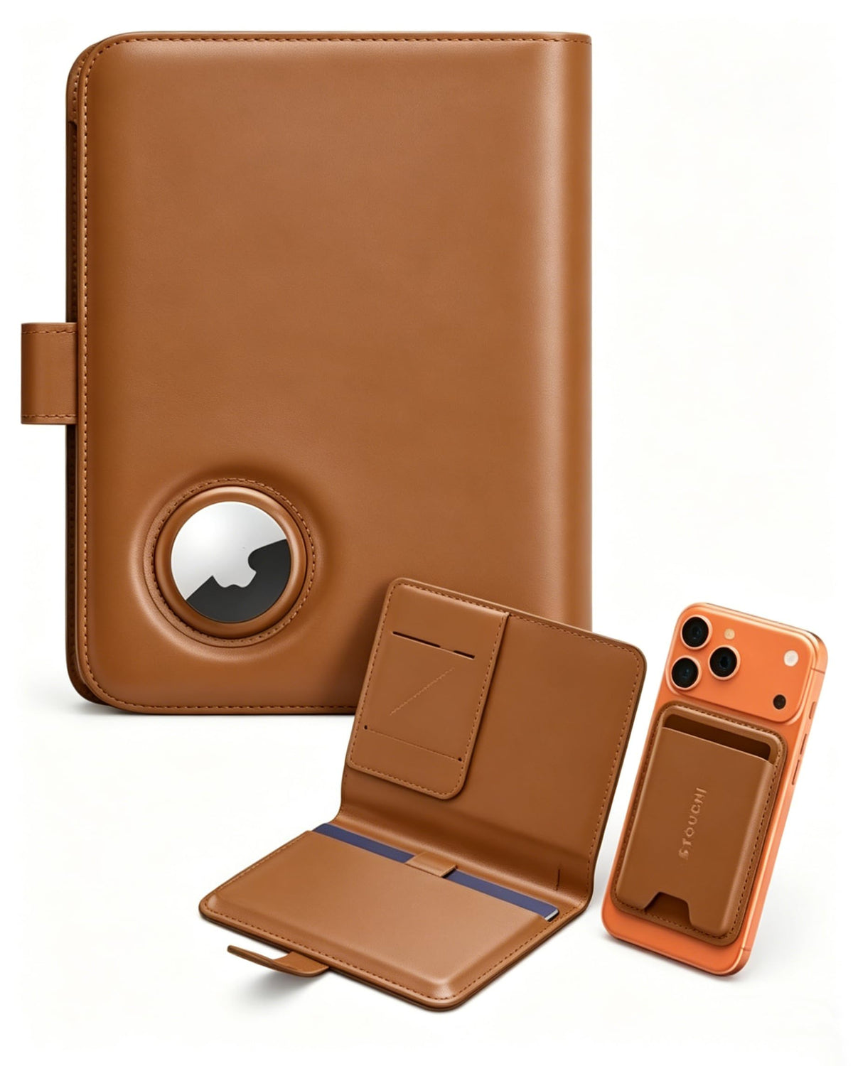 Stouchi AirTag Passport Holder with Pull Strap, RFID Blocking Magnetic Case
