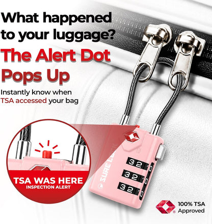 SURE LOCK TSA Approved Luggage Locks with Open Alert Indicator, 3 Digit Combination Cable Travel Lock for Suitcase, Backpack, Gym Locker, Toolbox & Travel Bag(2, Pink 2 Pack)