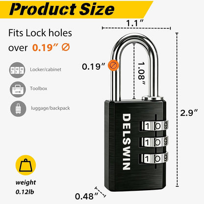 DELSWIN 3-Digit Aluminum Combination Padlock, Small Resettable Lock