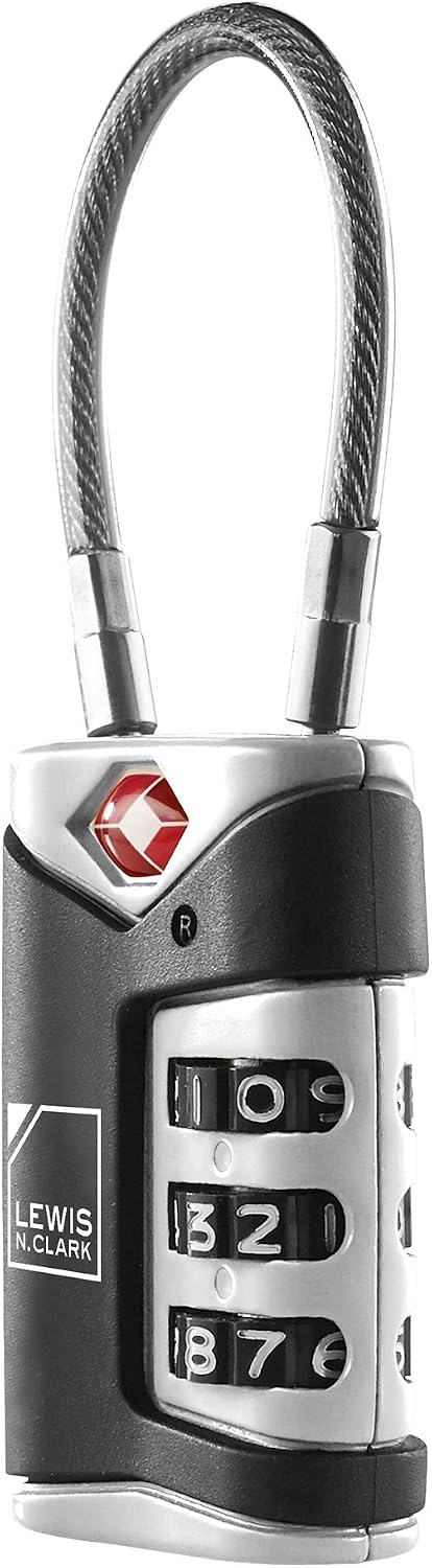 Lewis N. Clark TSA Approved Luggage Lock + Steel Cable for Suitcase, Carry On, BackPack, Laptop Bag + Purse, Perfect For Airport, Hotel or Gym - Set + Reset Your Own Combo, Black