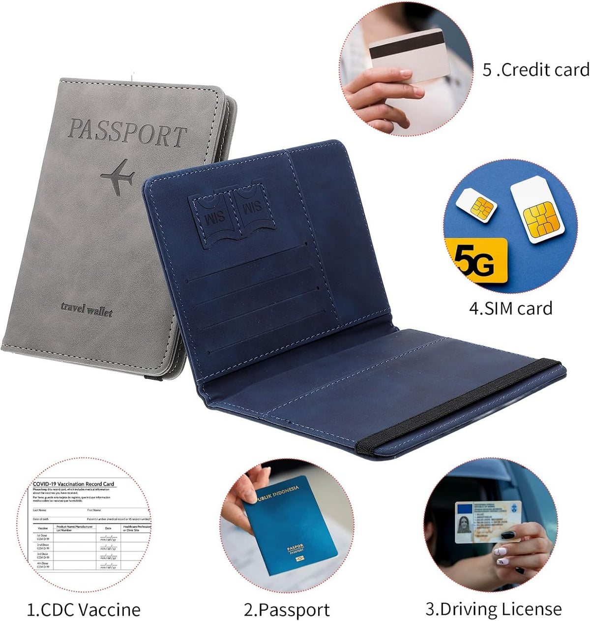 4 PCS Passport Holder Cover Combo Leather Passport Holder Combo with Vaccine Card Slot Passport Cover Passport Case Cover Protector PU Travel Documents Organizer for Women and Men Passport Wallet