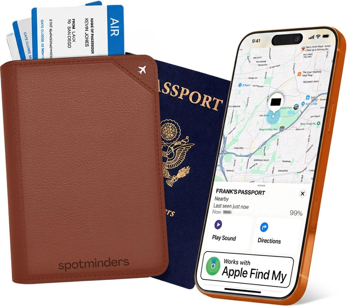 Apple MFi Certified Trackable Passport Holder for Travel (iOS Only) Works with Apple Find My, Rechargeable Passport Cover Air 3-Year Battery Life, Brown RFID Blocking Travel Wallet Gift