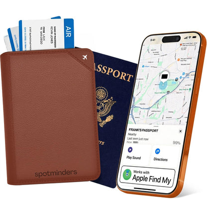 Apple MFi Certified Trackable Passport Holder for Travel (iOS Only) Works with Apple Find My, Rechargeable Passport Cover Air 3-Year Battery Life, Brown RFID Blocking Travel Wallet Gift