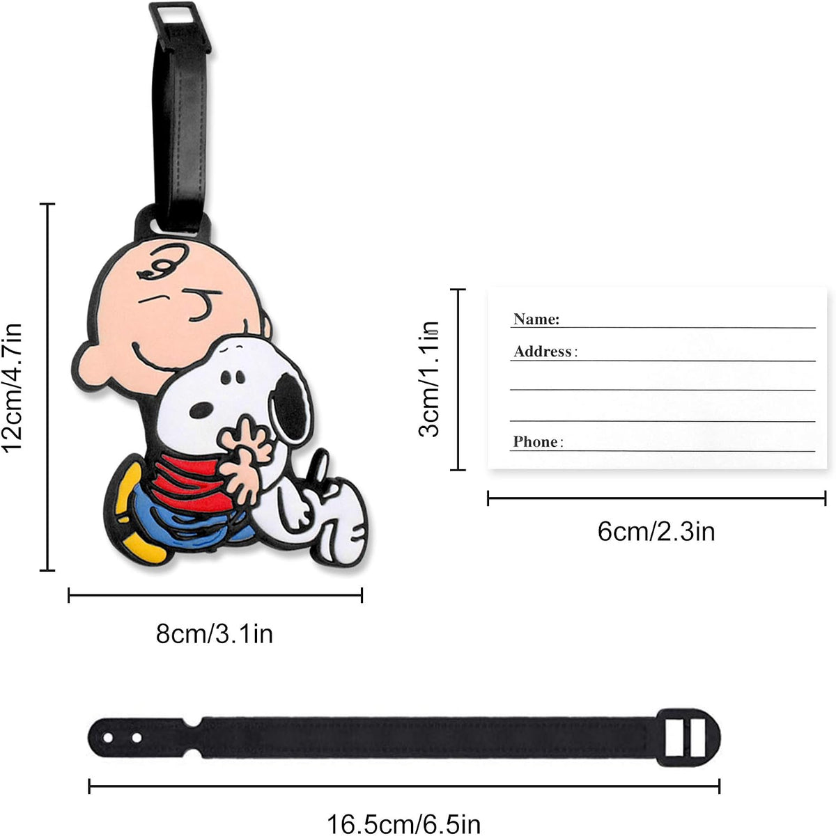 4 Pcs Set White Dog Charlie Brown Silicone Travel Luggage Baggage Identification Labels ID Tag for Bag Suitcase Plane Cruise Ships with Belt Strap