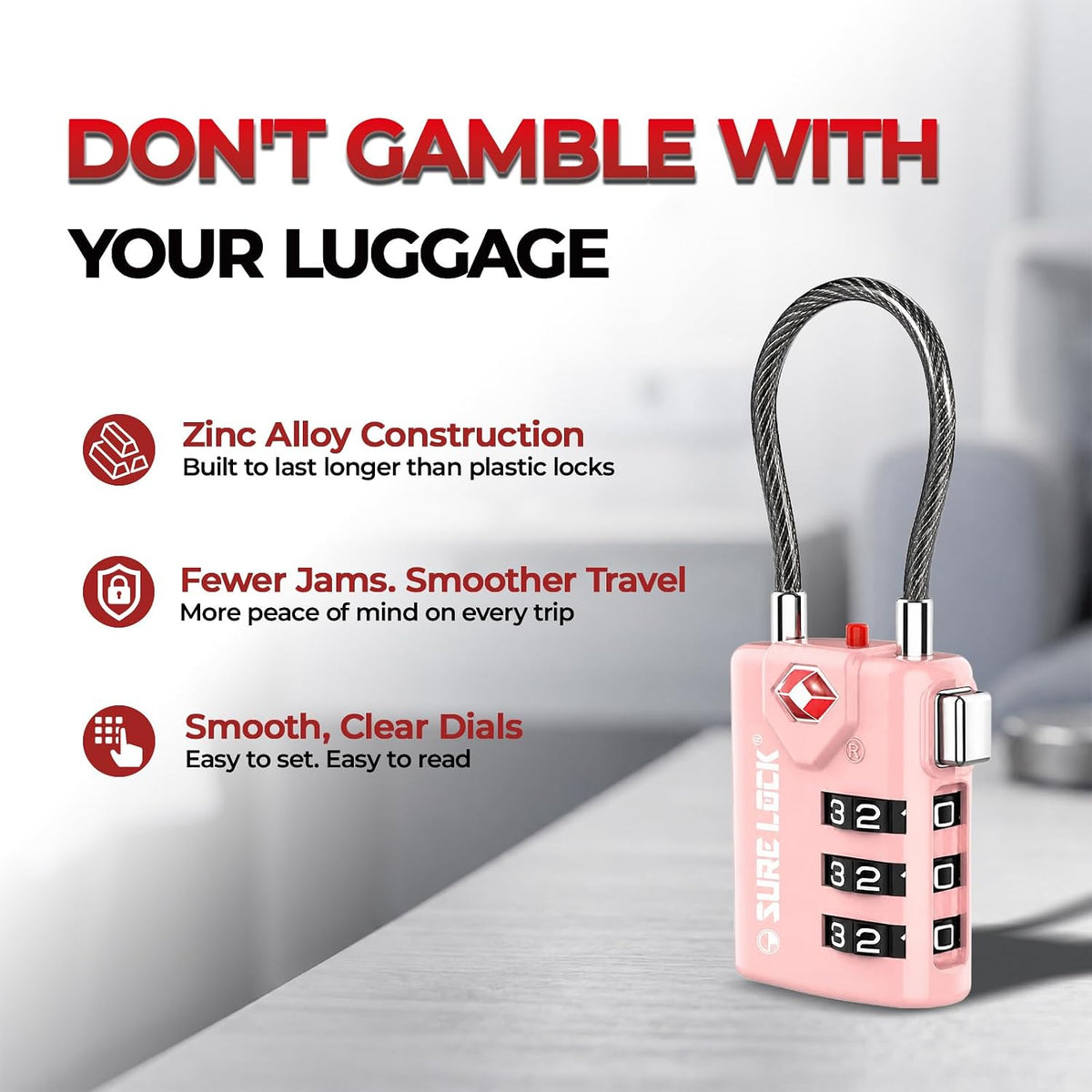 SURE LOCK TSA Approved Luggage Locks with Open Alert Indicator, 3 Digit Combination Cable Travel Lock for Suitcase, Backpack, Gym Locker, Toolbox & Travel Bag(2, Pink 2 Pack)
