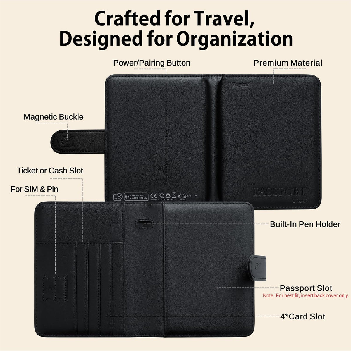 Reyke Passport Holder With Tracker, Works With Apple Find My, RFID Cover