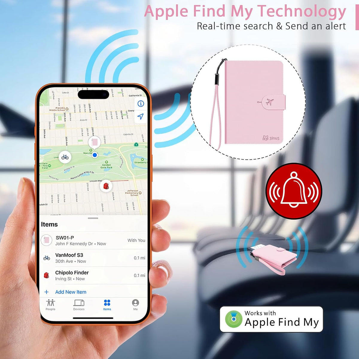Passport Holder for Travel with Apple Find My,Waterproof RFID Blocking Passport Cover with 4 Card Slots, Wireless Charging, Magnetic Closure, Pink