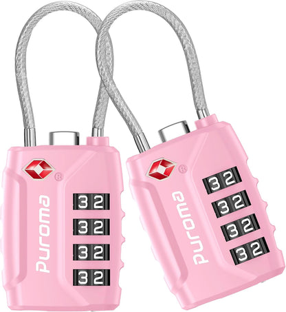 Puroma 2 Pack TSA Approved Luggage Locks 4 Digit Code Cable Lock Basic Pink