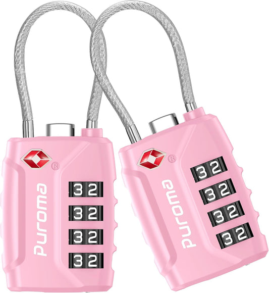 Puroma 2 Pack TSA Approved Luggage Locks 4 Digit Code Cable Lock Basic Pink