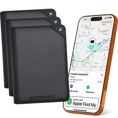 Apple MFi Certified Trackable Passport Holder for Travel (iOS Only) Works with Apple Find My, Rechargeable Passport Cover Air 3-Year Battery Life, Black RFID Blocking Travel Wallet Gift