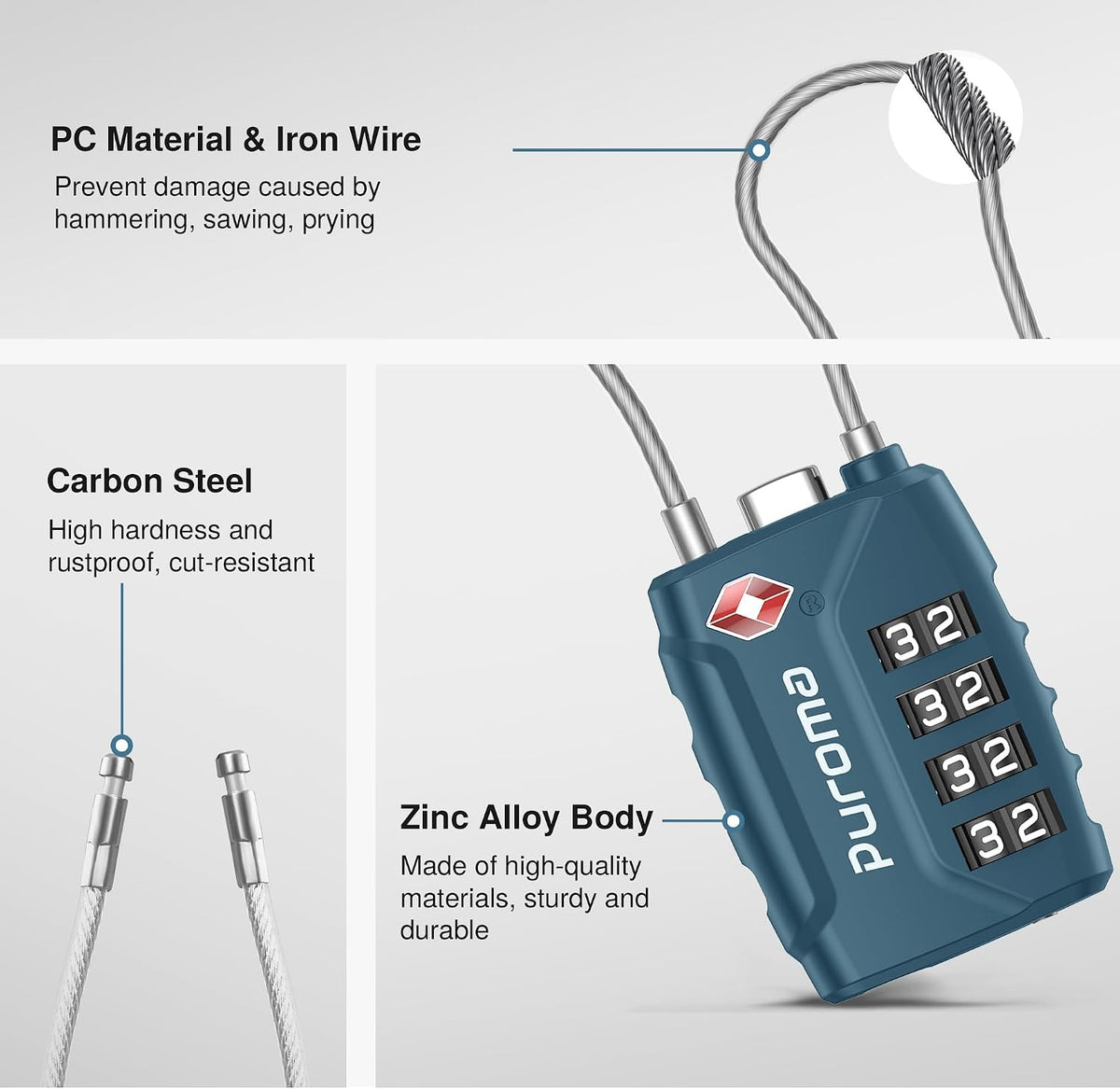 Puroma 2 TSA Approved Luggage Locks 4 Digit Code Cable Lock Blue Peacock