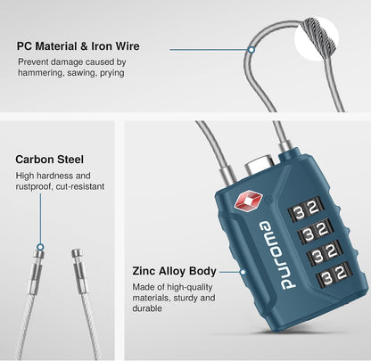 Puroma 2 TSA Approved Luggage Locks 4 Digit Code Cable Lock Blue Peacock