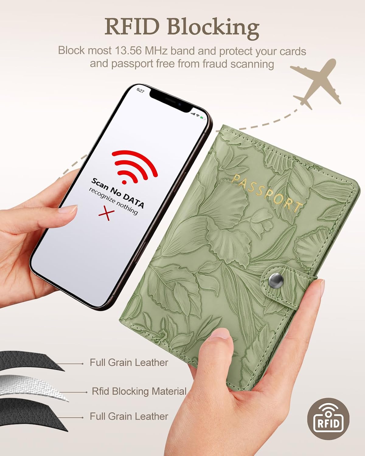 Slohif Elegant RFID Passport Holder for Travel with AirTag Sage Green