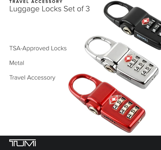 TUMI - TSA Lock Box - Combination Lock for Luggage & Backpack - TSA-Approved Locks - Travel Security Accessories - Set of 3 - Black/Silver/Red