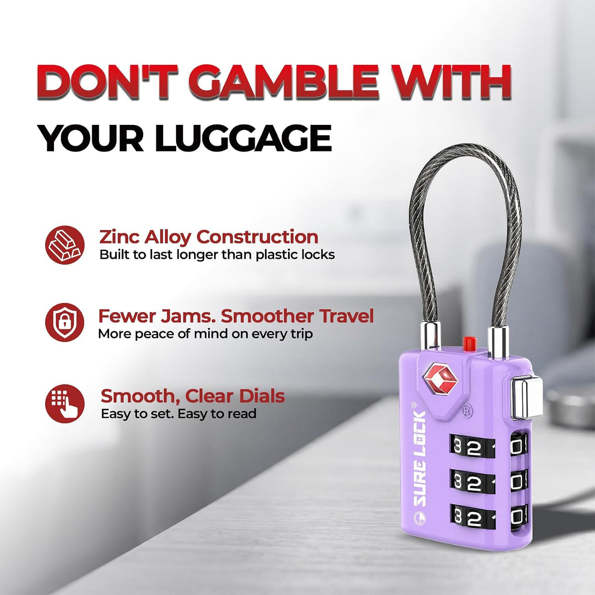 SURE LOCK TSA Approved Luggage Locks with Open Alert Indicator, 3 Digit Combination Cable Travel Lock for Suitcase, Backpack, Gym Locker, Toolbox & Travel Bag(2, Purple 2 Pack)