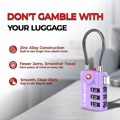 SURE LOCK TSA Approved Luggage Locks with Open Alert Indicator, 3 Digit Combination Cable Travel Lock for Suitcase, Backpack, Gym Locker, Toolbox & Travel Bag(2, Purple 2 Pack)