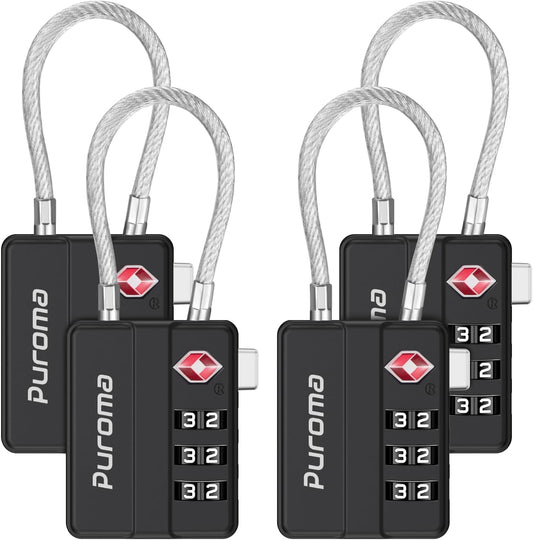 Puroma 4 Pack TSA Locks for Luggage Lightweight 4-Digit Code Padlock Black