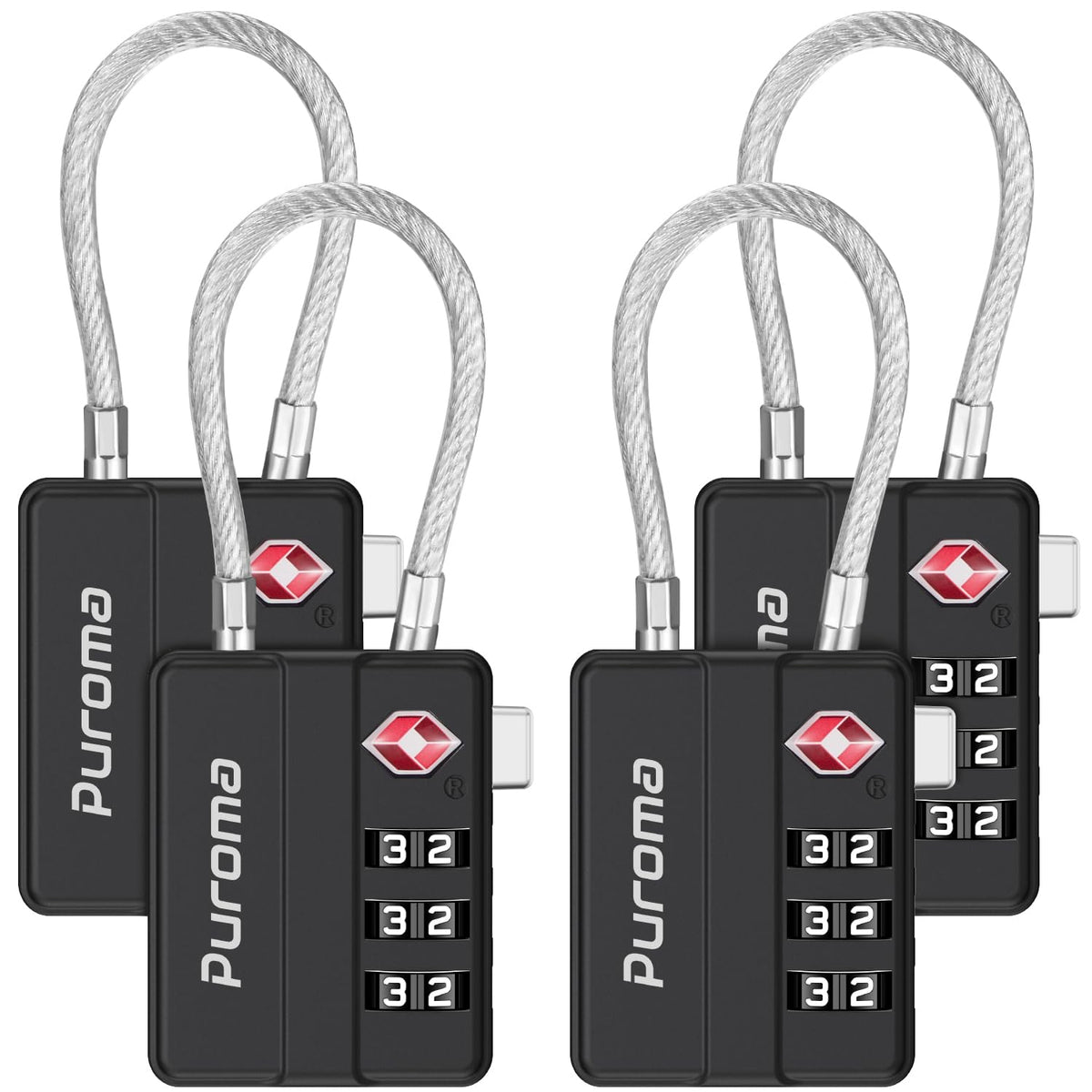 Puroma 4 Pack TSA Locks for Luggage Lightweight 4-Digit Code Padlock Black