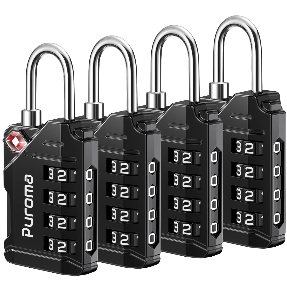 Puroma TSA Approved Travel Luggage Locks, 4 Pack Black 4 Digit Resettable Combination Code Lock with Zinc Alloy Body for Suitcase, Backpack, Laptop Bag, Gym Locker, Toolbox