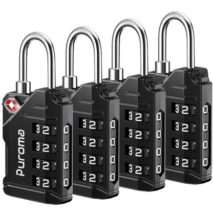 Puroma TSA Approved Travel Luggage Locks, 4 Pack Black 4 Digit Resettable Combination Code Lock with Zinc Alloy Body for Suitcase, Backpack, Laptop Bag, Gym Locker, Toolbox