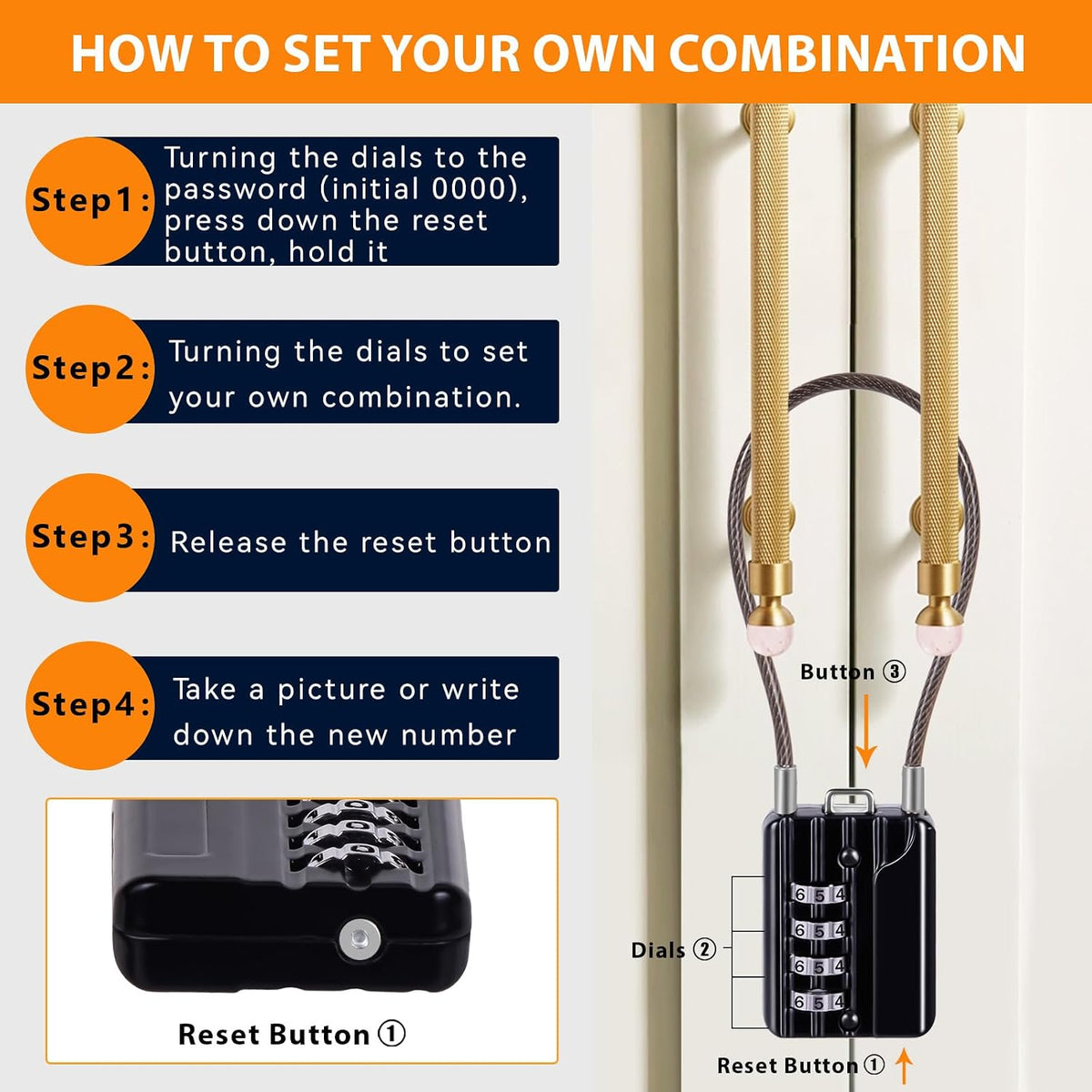 SEPOX® 4PK Metal Combo Padlock, Resettable 4-Digit, Extra Long Cable 7 Inch