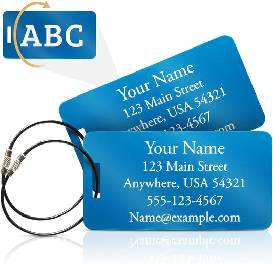 Personalized Aluminum Luggage Tags – Permanent Laser Engraved Metal Suitcase Tags for Travel – Custom Name & Contact ID for Checked Bags & Carry On – Set of 2 (Blue)