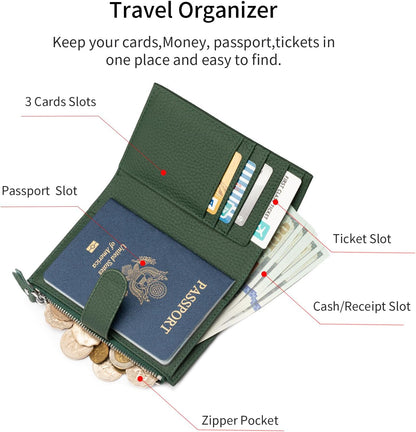 Passport wallet and Card Slot Combo RFID Blocking Leather Travel Passport Wallet for Men and Women with Zippered Coins Pocket Passport holder, Deep Green
