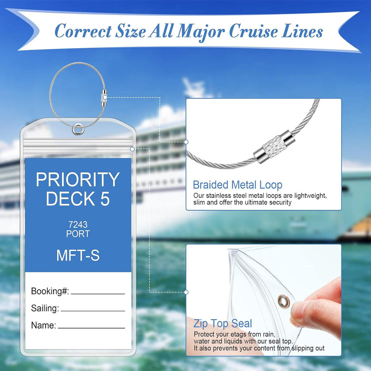 Clabby Cruise Clear Luggage Tag Holder Bag with Loop for Carnival, 50 Sets