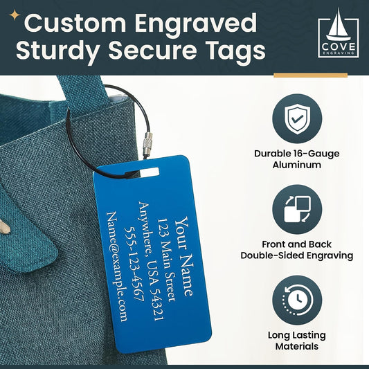 Personalized Aluminum Luggage Tags – Permanent Laser Engraved Metal Suitcase Tags for Travel – Custom Name & Contact ID for Checked Bags & Carry On – Set of 2 (Blue)