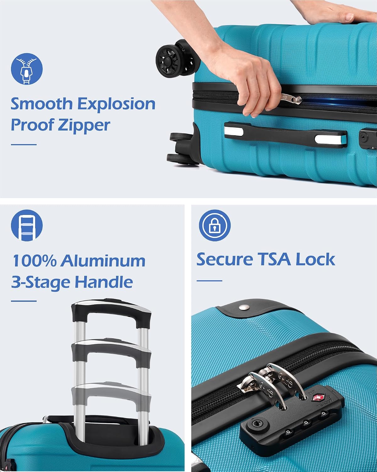 Coolife Hardside ABS Luggage, TSA Lock, Spinner Wheels, 3-Piece Set