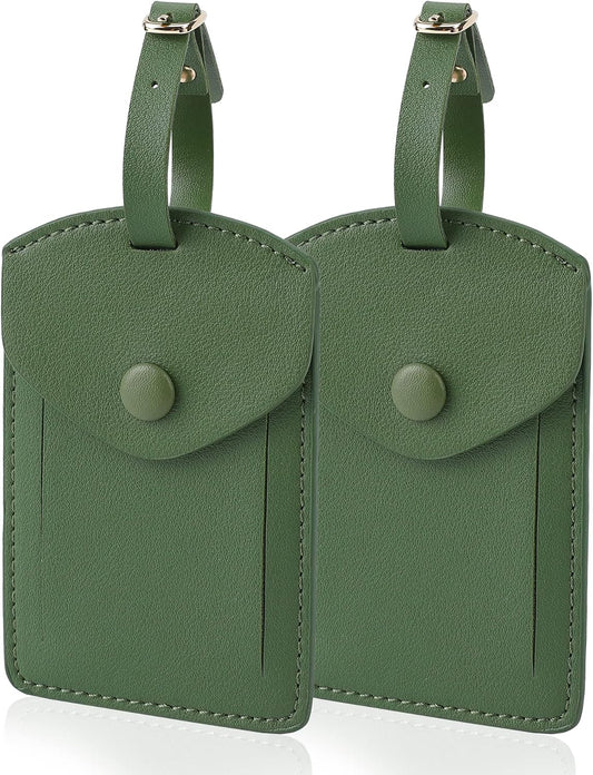 Kevancho Leather Luggage Tags for Men Women, Suitcase Labels Baggage Bag Tag ID Tags with Full Back Privacy Cover for Cruise Ships, Travel Accessories Tags Set of 2 PCS (Green)
