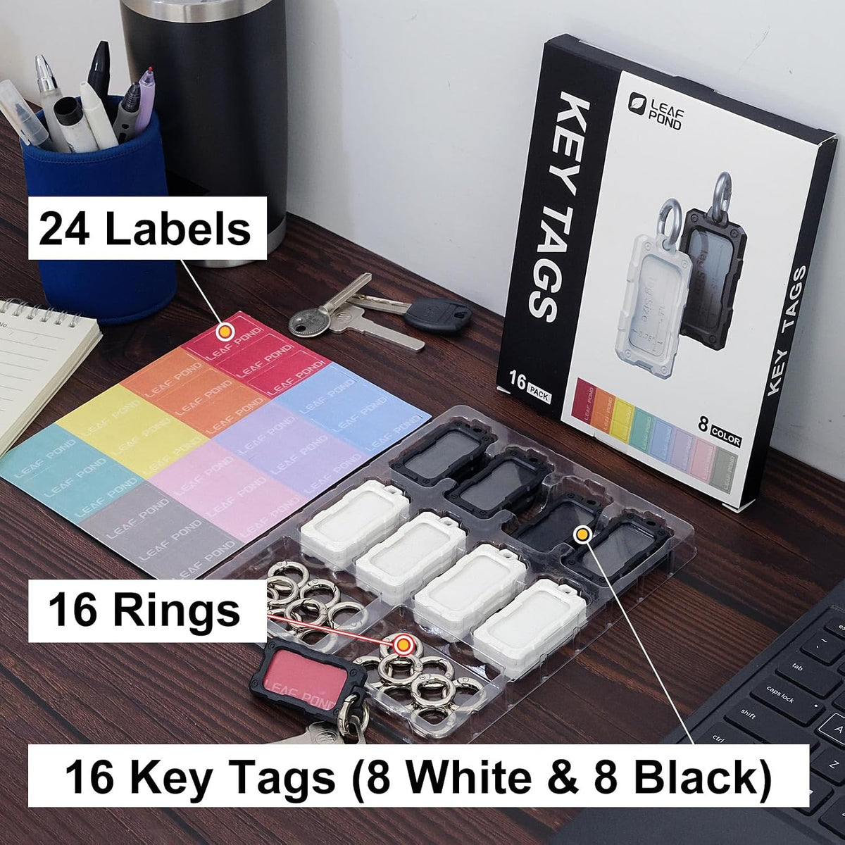 16 Pcs Solid Plastic Key Tags with O Rings, Custom ID Name Label