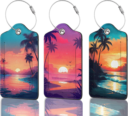 Tropical Palm Tree Sunset Luggage Tag, 3 Pack Luggage Tags for Suitcases, Cute Suitcase Tags Identifiers Bag Tags with Privacy Flap, Baggage Name Tag for Women Men Luggage Backpack School Bag