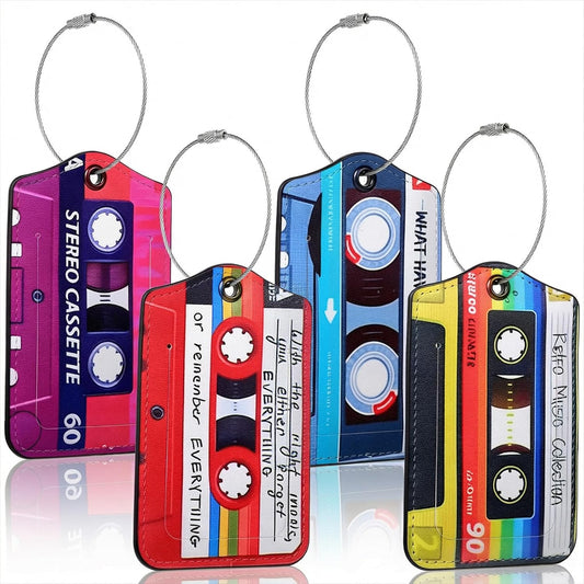 Guduling 4pcs Cassette Tape Luggage Tags for Suitcases Funny, Fun Luggage Tags, Retro Leather Funny Baggage Tag Boarding Pass for Women & Men, Colorful
