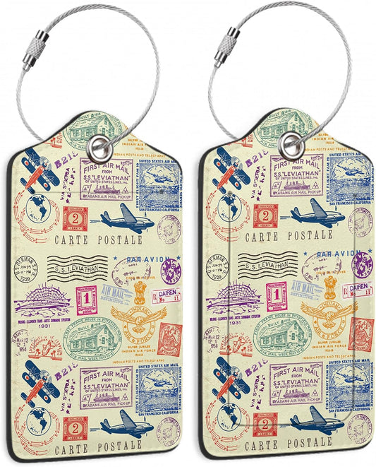 Travel Stamp Luggage Tags for Suitcase,2 Pack Retro Passport Carte Postale Luggage Tag Leather Privacy Cover ID Label with Stainless Steel Loop for Women Men Kids Girls
