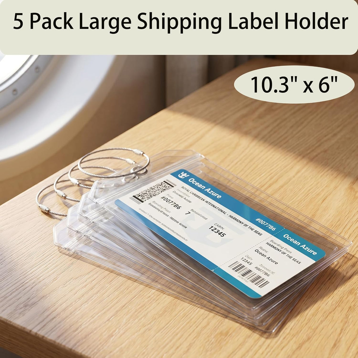5 Pack Cruise Luggage Tag Holders, Clear PVC, 10.3" x 6", Heavy Duty with Steel Cable Loops, Waterproof