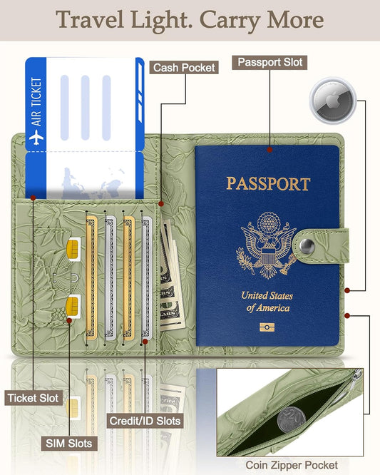 Slohif Elegant RFID Passport Holder for Travel with AirTag Sage Green