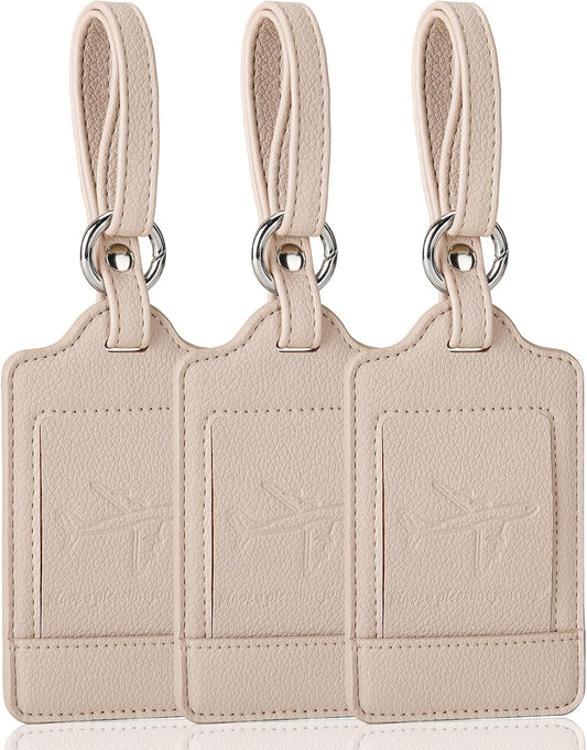 Teskyer Leather Luggage Tags for Suitcases, 3 Pack, Lichee Beige