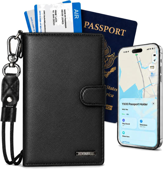 Trackable Passport Holder for Travel, RFID Blocking Wallet, Black