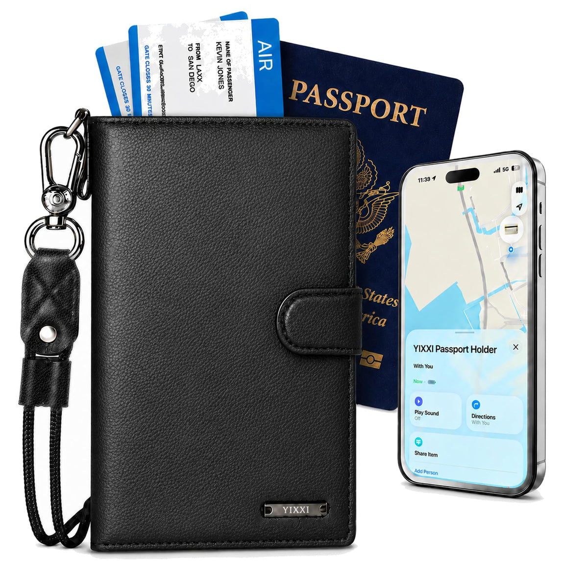 Trackable Passport Holder for Travel, RFID Blocking Wallet, Black