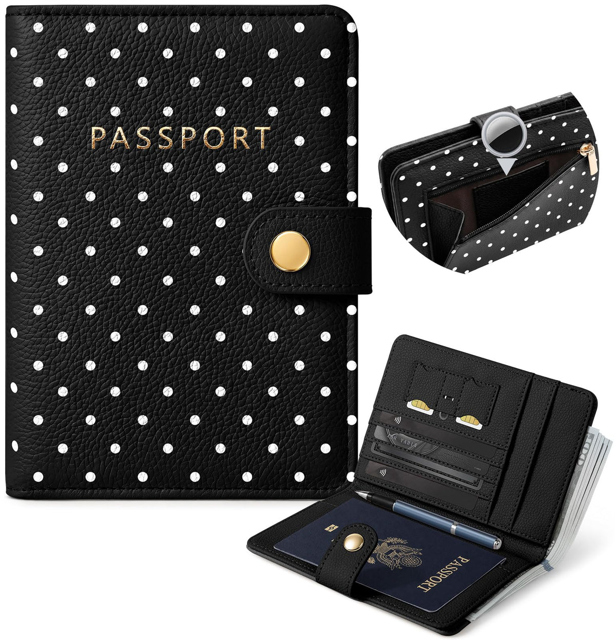 Slohif RFID Blocking Passport Holder with Hidden Tracker Slot Playful Cat